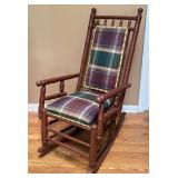 VINTAGE VICTORIAN ROCKING CHAIR W PLAID UPHOLSTRY