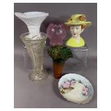 ASSORTED COLLECTIBLES MILK GLASS VASE NAPPY DISH
