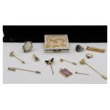STICK PINS PENDANTS TRINKET BOX W MIRROR