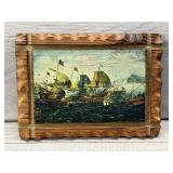 VINTAGE SPANISH CARVED WOOD DECOR W SHIPS PRINT
