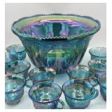 INDIANA CARNIVAL GLASS PUNCH BOWL W 11 CUPS