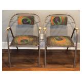 VINTAGE METAL ARMCHAIRS W PEACOCK UPHOLSTRY