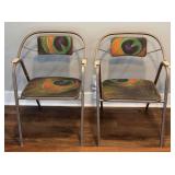 VINTAGE METAL ARMCHAIRS W PEACOCK UPHOLSTRY