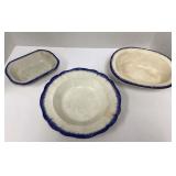Three Antique Leeds Ware Blue Feather Edge Bowls