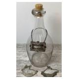 Decanter and Sterling Bottle Tag, Two Pewter Tags