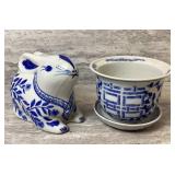Blue and White Rabbit Bank and Planter