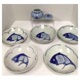 Small Blue and White Chinese Porcelain Jar, Bowls