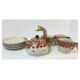 Pier 1 Giraffe Tea Pot, Plates and Mugs Set