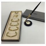 Brass Tie Holder and Quill Desk Pen