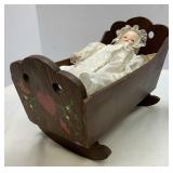 Hand Made Doll Cradle with Porcelain Face Doll