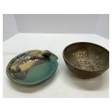 Signed Pottery Colander and Bowl