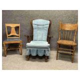 One Vintage Rocking Chair and Two Straight Chairs