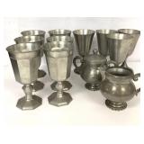 Pewter Goblets, Cream and Sugar Bowl