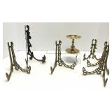 Seven Ornate Brass Plate Stands and Candle Pillar