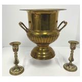 Brass Wine Bucket and Enameled Candlesticks
