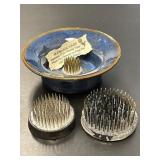 Ikebana Pottery Vase and Two Metal Frogs