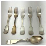 Coin Silver Five Forks and Spoon