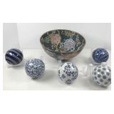 Bowl and Five Blue and White Decorative Balls