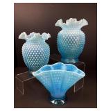 Three Fenton Blue Hobnail Vases