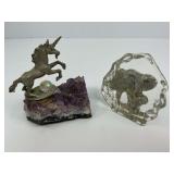 Unicorn on Geode and Elephant Paperweight