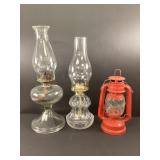 Two Vintage Oil Kerosene Lamps and Lantern
