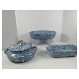 Three Piece Vintage Blue Spongeware Pottery
