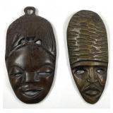 Two Small Hand Carved African Dark Wood Wall Masks