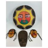 Wall Hanging and Three Wooden Masks