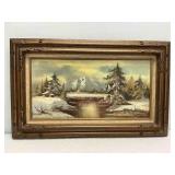 Framed Winter Landscape Oil Painting