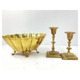 Brass Footed Bowl and Candlestick Holders
