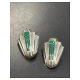 Pair Sterling Malachite Clip Earrings