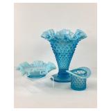 Blue Opalescent Hobnail Vase, Hat, and Candy Dish