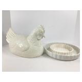 Ceramic Chicken and Two Stoneware Pie Pans