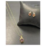 Beautiful 14 KT Garnet Pendant, Earrings, Chain
