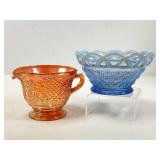 Carnival Glass Creamer and Blue Opalescent Bowl