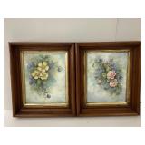 Two Vintage Floral Prints In Wood Frames