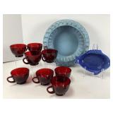 Anchor Hocking Tea Cups and Blue Bowl and Dish