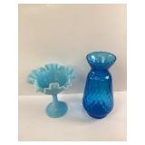 Fenton Blue Satin Milk Glass and Blue Optic Vase