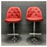 Pair of Red Leather Tufted Back Bar Stools