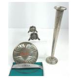 Sterling Bud Vase, Towle Knife Rest, and Mirror