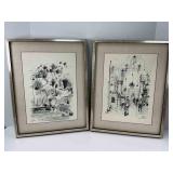 Two Pen and Ink Wash Drawings