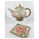 Desert Rose Floral Teapot and Trivet Set