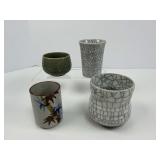 Japanese Ceramic Crackle Glaze and Bamboo Cups
