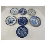 Seven Blue and White Dishes and Bowls