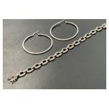 Large Sterling Hoops and Marcasite Bracelet