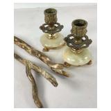 Polished Brass and Alabaster Candlesticks