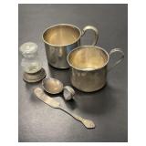 Two Sterling Cups, Utensils, and Shaker Base