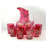 Antique Cranberry Glass Water Pitcher and Tumblers