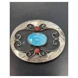 German Silver Turquoise and Coral Belt Buckle