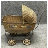 Vintage Wicker Doll Carriage with Metal Frame